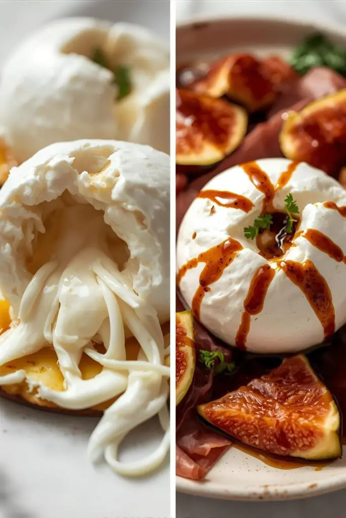 Two ways to enjoy homemade burrata: a close-up of its creamy texture and a platter showing what to serve with it.