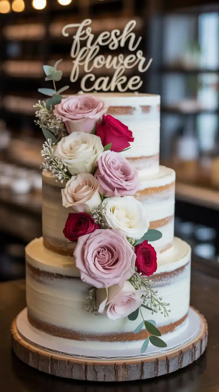 An elegant, three-tiered semi-naked wedding cake decorated with a cascade of fresh pink roses and greenery.