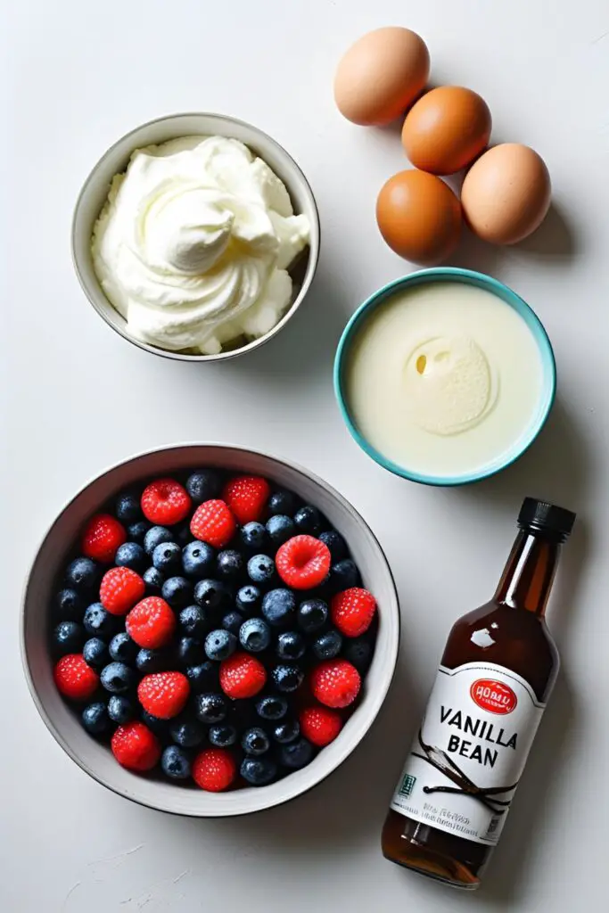 The fresh ingredients for making a fresh fruit cake, including a colorful assortment of berries, cream, and eggs.