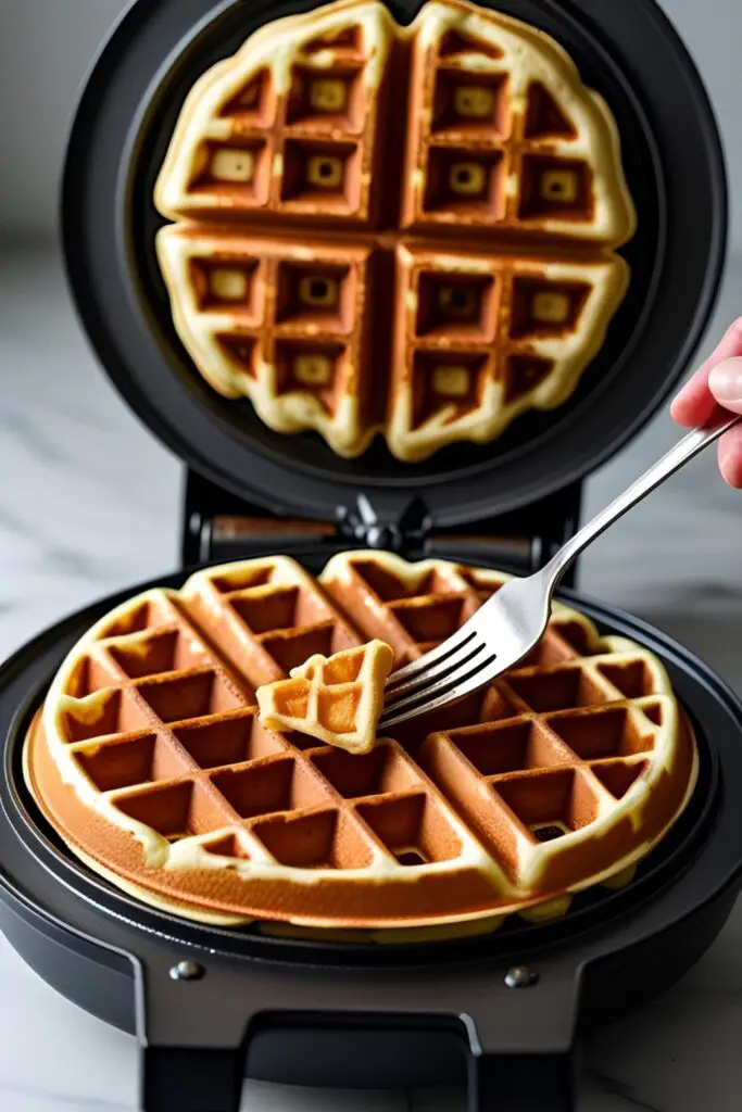 A freshly cooked, golden-brown waffle being lifted out of an open waffle maker.