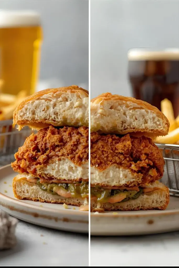 A close-up of a fried chicken sandwich cut in half to show the juicy interior, next to a plated version with fries.