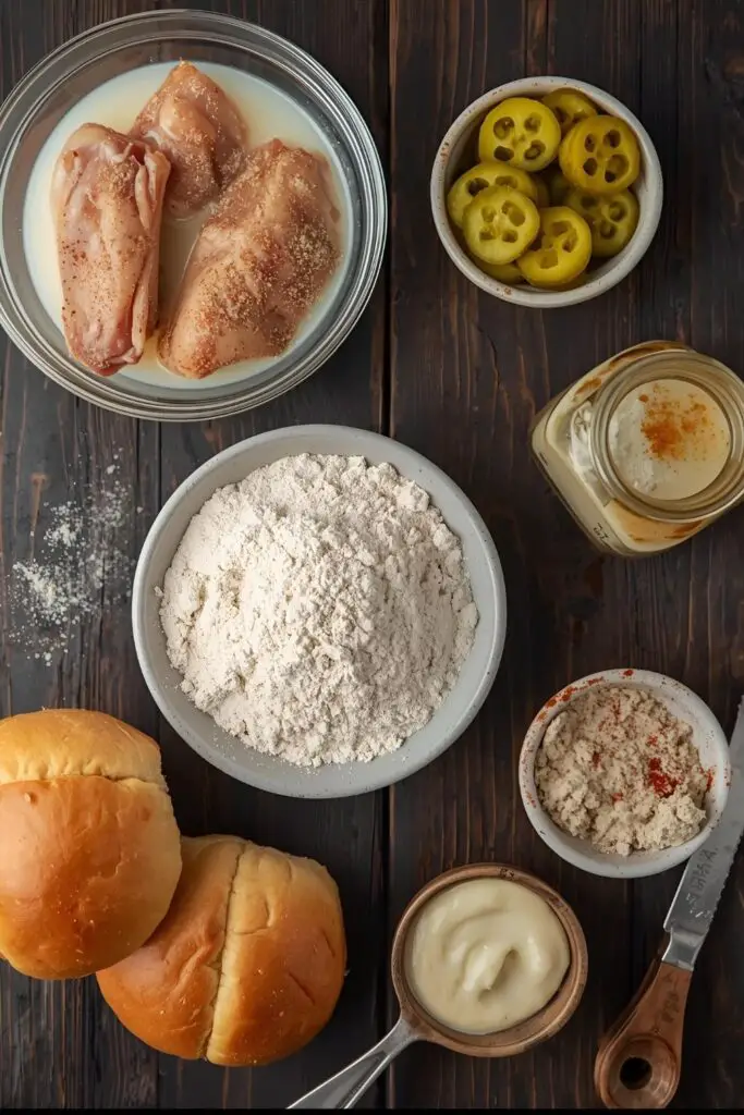 A flat lay of ingredients for a fried chicken sandwich: chicken in buttermilk, seasoned flour, brioche buns, and pickles.