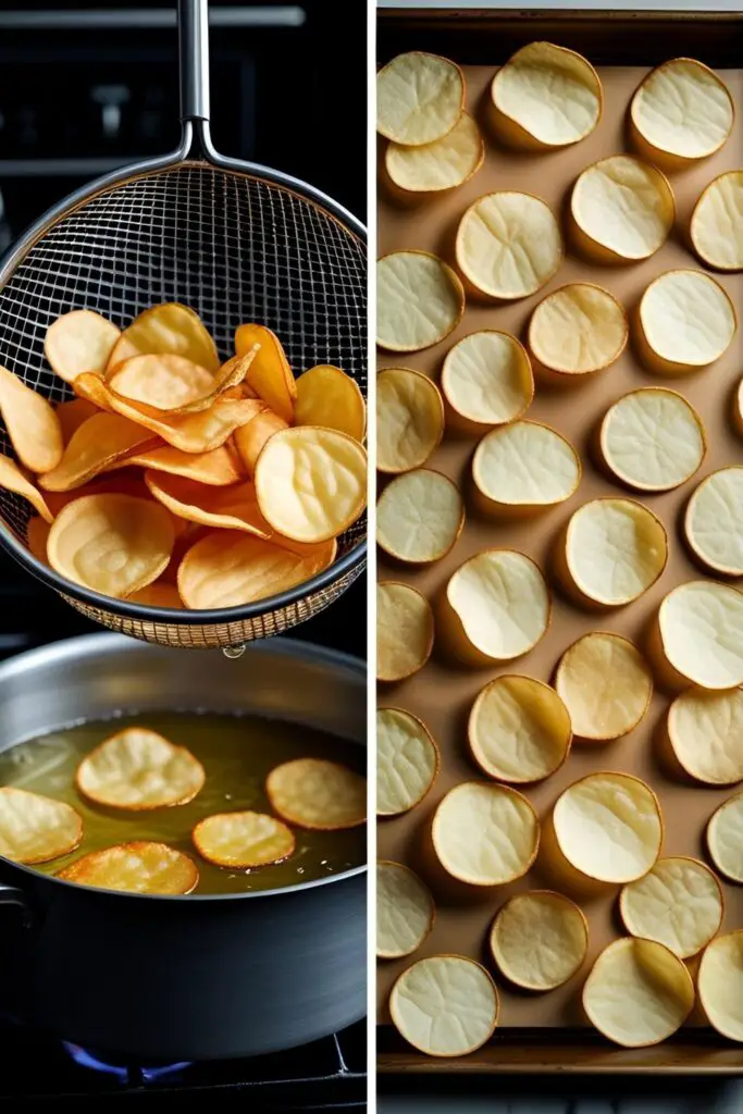 Two images showing how to make chips: one of deep-frying chips in oil, and one of chips arranged on a baking sheet for the oven.