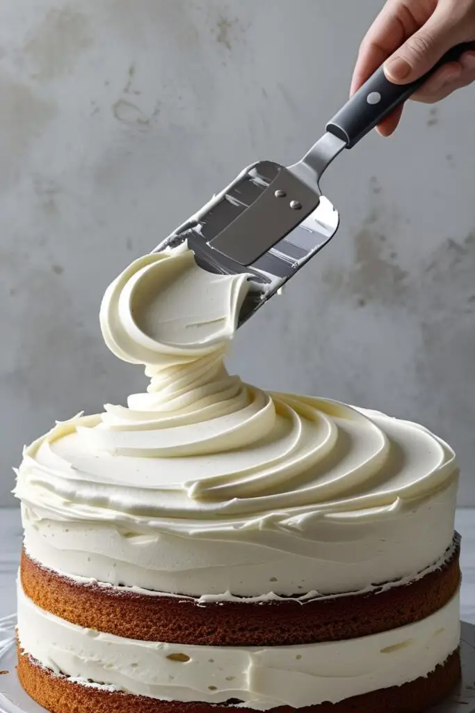 An offset spatula spreading a thick, smooth layer of white cake cream onto the top of a layer cake, showing the decorating process.