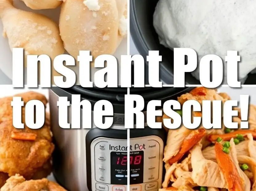 An Instant Pot with an arrow pointing from a frozen chicken breast to a bowl of shredded chicken, with the text "Forgot to Thaw? Instant Pot to the Rescue!"