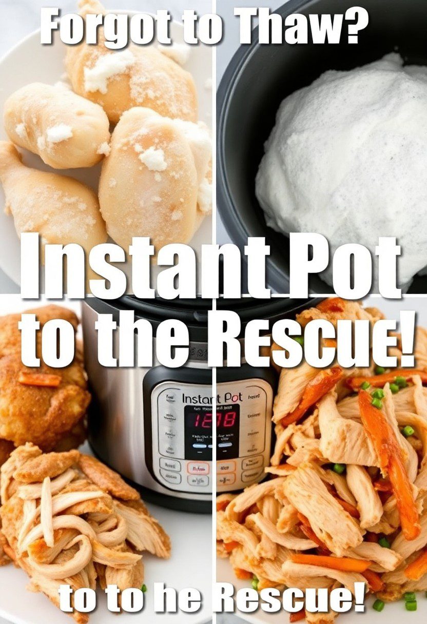 An Instant Pot with an arrow pointing from a frozen chicken breast to a bowl of shredded chicken, with the text "Forgot to Thaw? Instant Pot to the Rescue!"