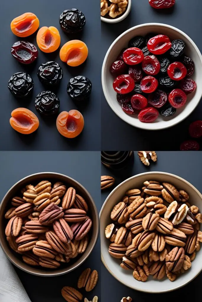 The quality ingredients needed to make a rich and moist fruit cake: assorted dried fruits, nuts, dark rum, and brown sugar.