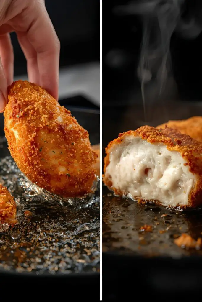  The process of frying chicken breast in hot oil and a close-up showing the juicy, crispy results.