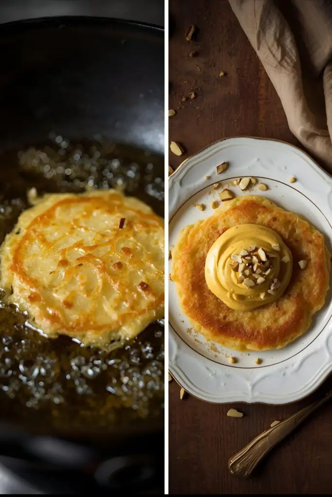 The process of making malpua, showing it frying in ghee and the final dish served with delicious rabri.