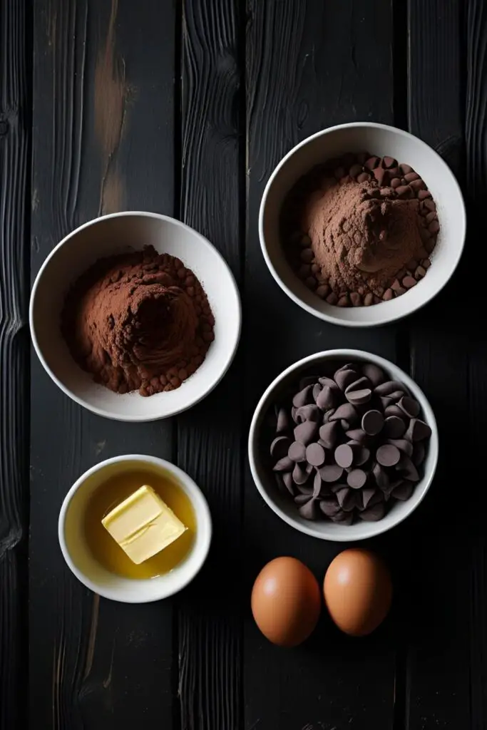 The rich ingredients for making fudgy brownies from scratch, including melted butter, cocoa powder, and chocolate chips.