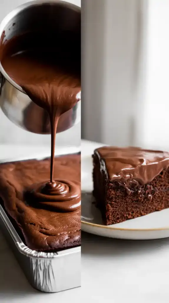 Two images showing how to make a Coca-Cola cake: one of pouring the hot frosting, and a close-up of a finished, fudgy slice.