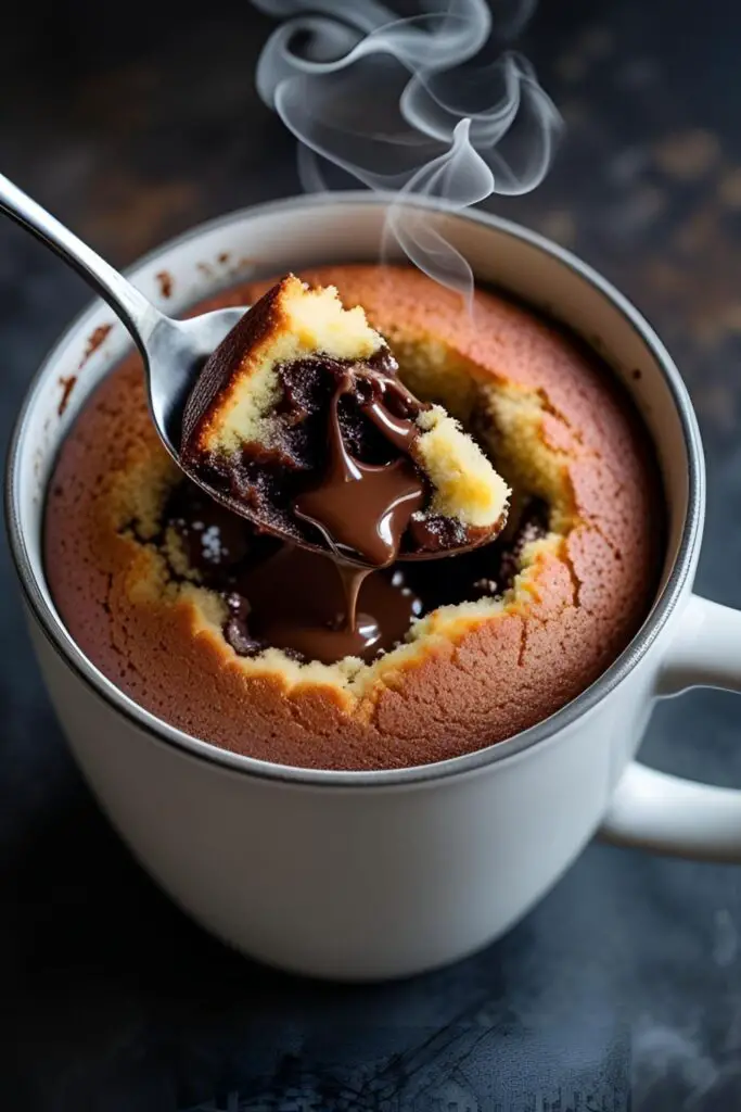 A chocolate mug cake made in the microwave, topped with a swirl of whipped cream and a caramel drizzle, ready to be eaten.