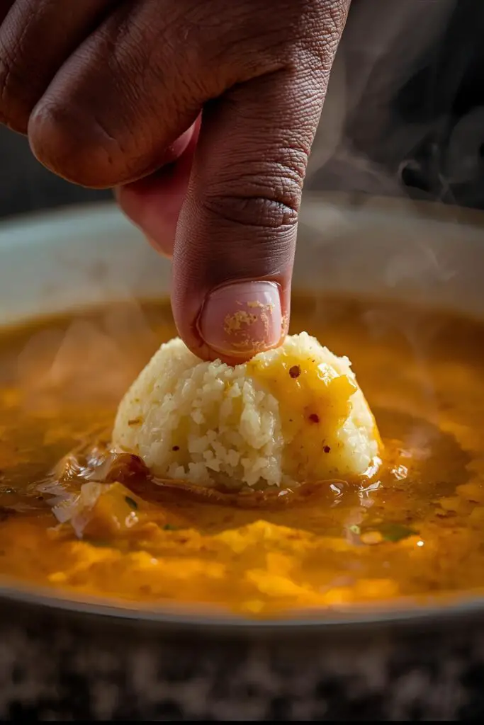 A close-up, appetizing shot of a hand dipping a piece of fufu into a hearty bowl of African egusi soup