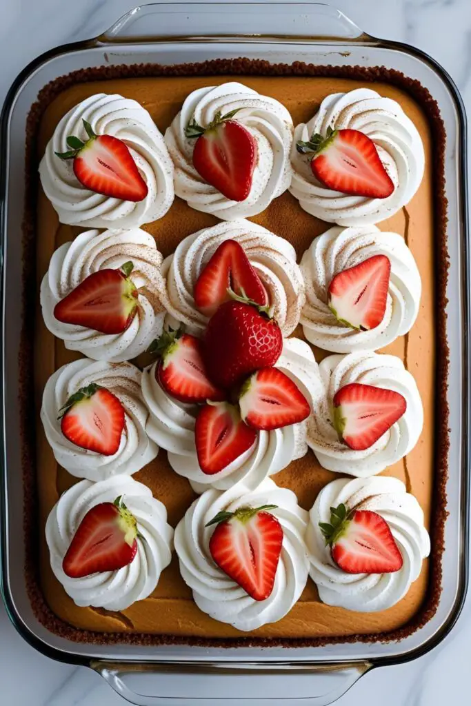 A full 9x13 inch pan of beautiful, homemade tres leches cake, topped with whipped cream and fresh strawberries.