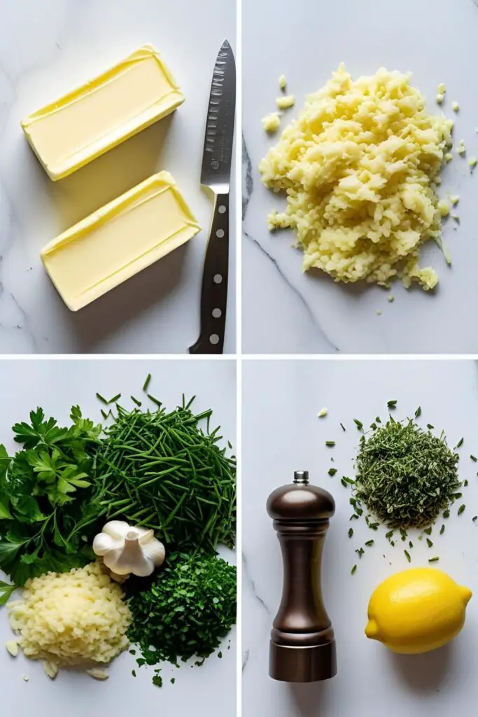 Ingredients for making homemade garlic herb butter: butter, fresh garlic, parsley, chives, thyme, and lemon.