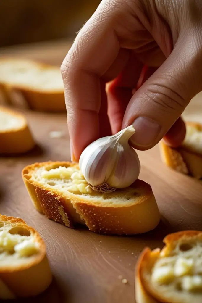 A close-up action shot of a hand rubbing a cut garlic clove over a single, perfectly golden-brown slice of warm crostini.