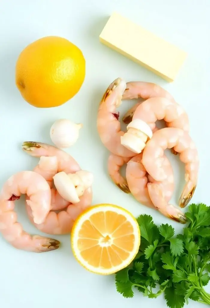 A fresh flat lay collage of ingredients for garlic butter shrimp: raw peeled shrimp, a stick of butter, a head of garlic, a lemon, and a bunch of fresh parsley on a bright background.