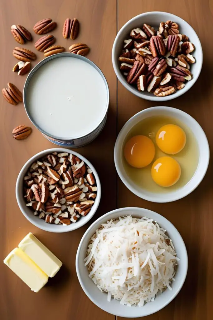 A flat lay of the key ingredients for German chocolate cake frosting: evaporated milk, coconut, pecans, and egg yolks.