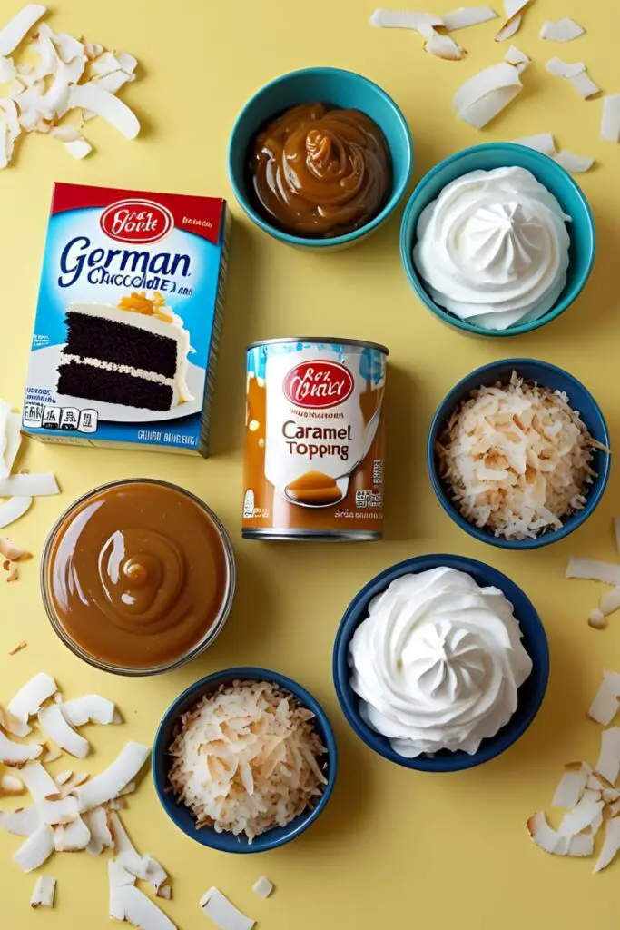 A flat lay of the key ingredients for a German chocolate poke cake: cake mix, condensed milk, caramel, and coconut.