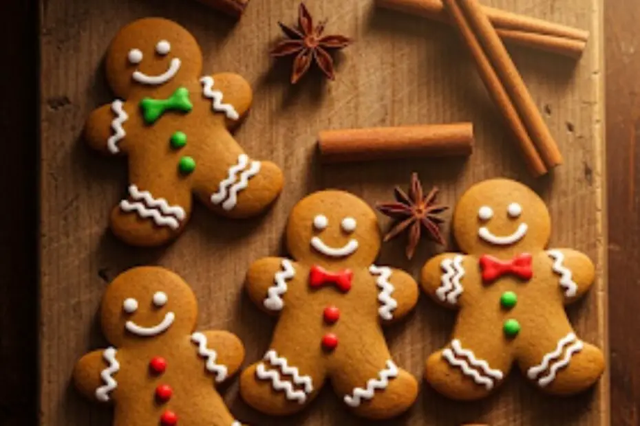 Text overlay "The Best Gingerbread Cookies Recipe" over a festive image of beautifully decorated gingerbread man cookies on a cooling rack, with holiday lights in the background.