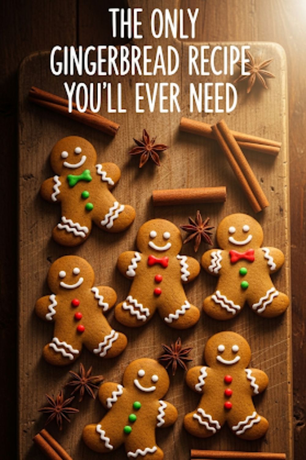 Text overlay "The Best Gingerbread Cookies Recipe" over a festive image of beautifully decorated gingerbread man cookies on a cooling rack, with holiday lights in the background.
