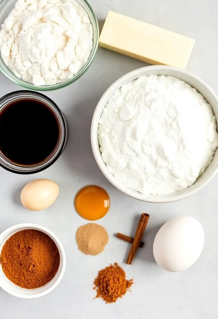 A cozy flat lay collage of ingredients for gingerbread cookies: a bowl of flour, a jar of dark molasses, a stick of butter, an egg, and a variety of ground spices like ginger, cinnamon, and cloves.