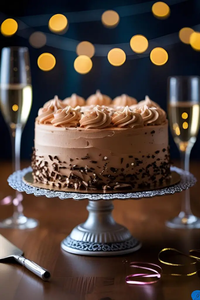 The entire finished make up cake on a stand, decorated with edible cosmetics and ready for a birthday party.