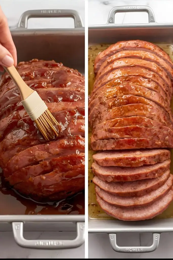  The process of glazing a ham and the final, perfectly carved and juicy baked ham ready to serve.