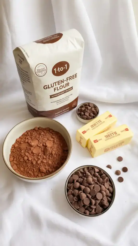 The key ingredients for gluten-free baking, with a bag of 1-to-1 gluten-free flour blend as the hero ingredient.