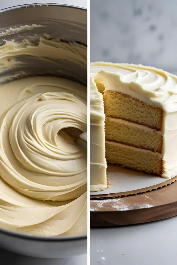Two images showing the process of making a gluten-free cake: one of the batter resting, and a close-up of the finished moist cake crumb.