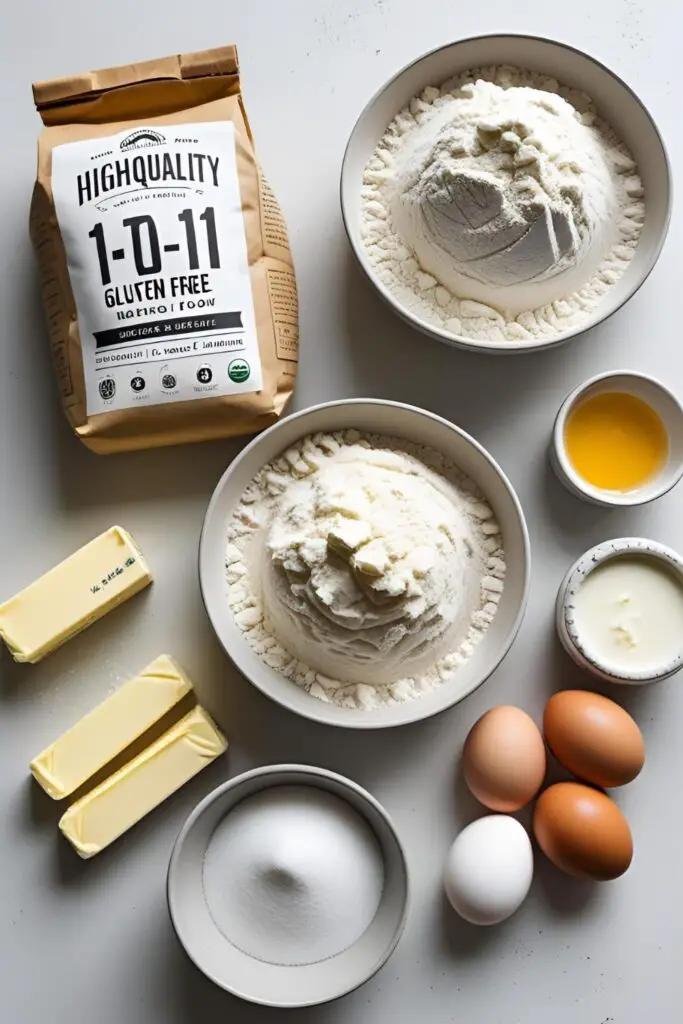 A flat lay of the key ingredients for a moist gluten-free cake, including a 1-to-1 GF flour blend, butter, and buttermilk.