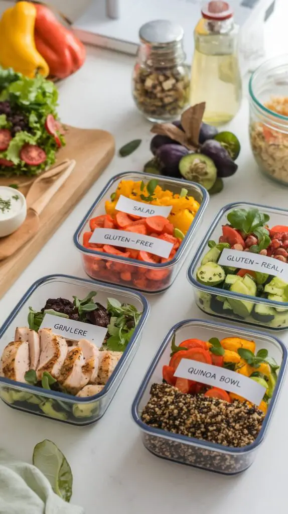 A neatly organized weekly meal prep setup with various gluten-free meals in containers.