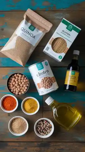 A flat-lay of essential gluten-free pantry staples like quinoa, gluten-free pasta, and canned chickpeas, ready for cooking.