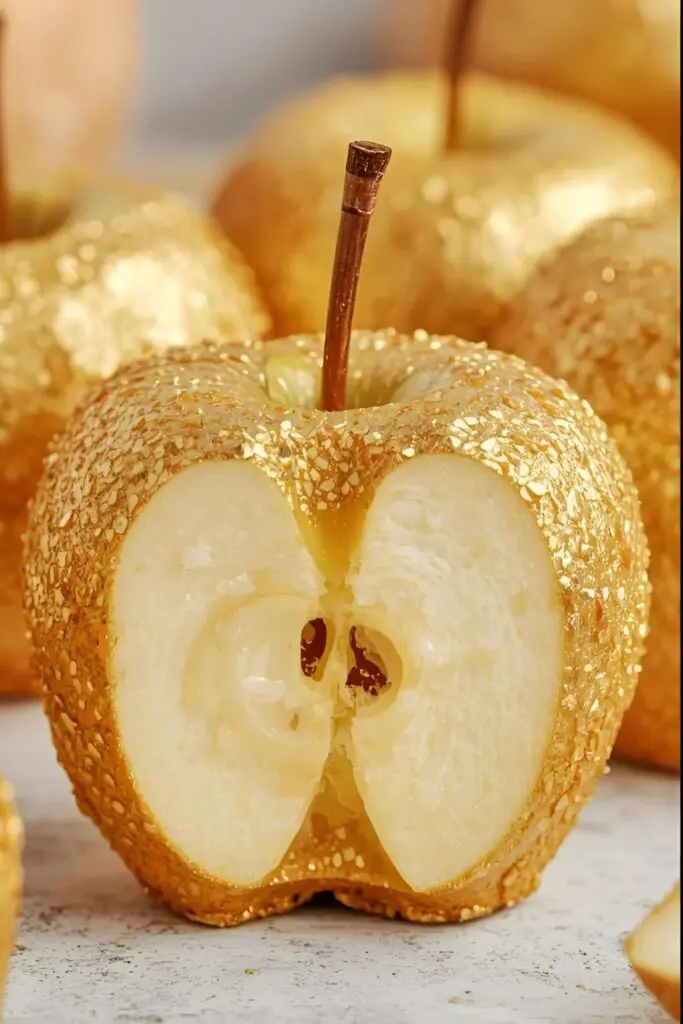 A close-up of a perfect gold candy apple next to another one with a bite taken out, showing the crisp apple inside.