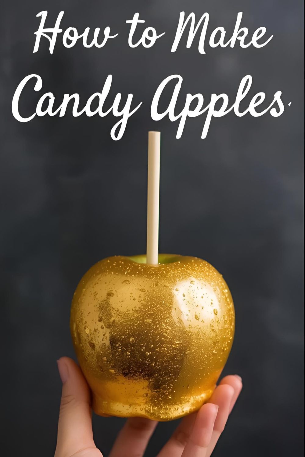 A stunning gold candy apple on a dark background with the text overlay "How to Make Gold Candy Apples."