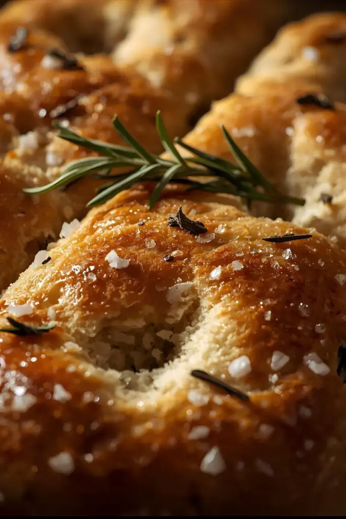 A dramatic, macro, close-up photograph of a slice of freshly baked focaccia bread. The lighting should highlight the airy, open crumb structure of the bread's interior and the glistening, golden-brown, crispy crust. A sprig of rosemary and a few flakes of sea salt are visible on top.