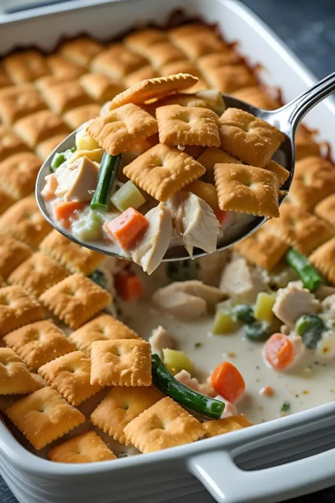  An enticing close-up shot of the Ritz chicken casserole, highlighting the crispy, golden-brown Ritz cracker topping and the creamy filling peeking through.