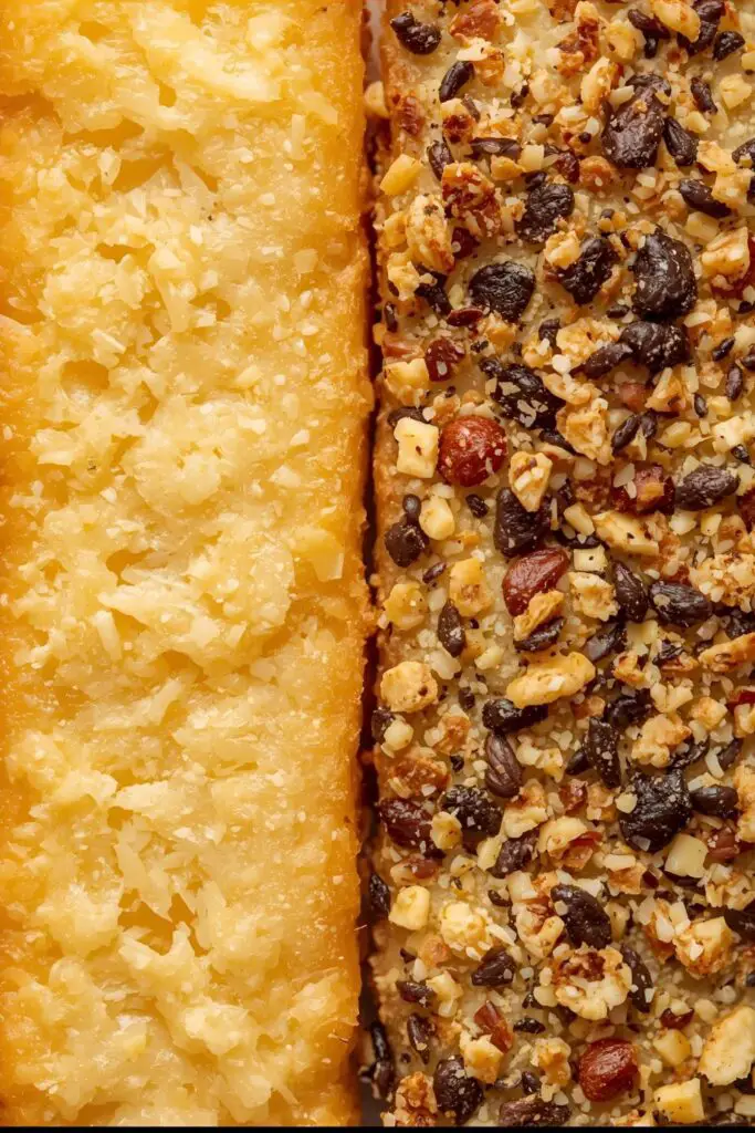 A close-up shot of two different golden cheese cookies. One is a classic, plain golden cheese stick, and the other is topped with dark everything bagel seasoning, highlighting different textures and variations.