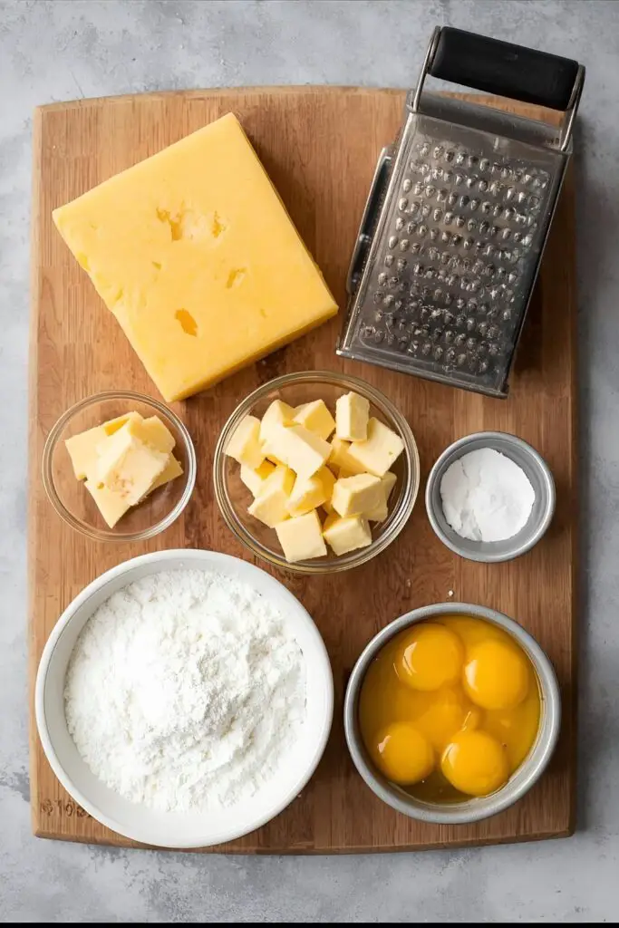 A rustic flat lay of ingredients for golden cheese cookies: a block of aged sharp cheddar cheese, a box grater, flour, cornstarch, cold butter cubes, and egg yolks on a wooden cutting board
