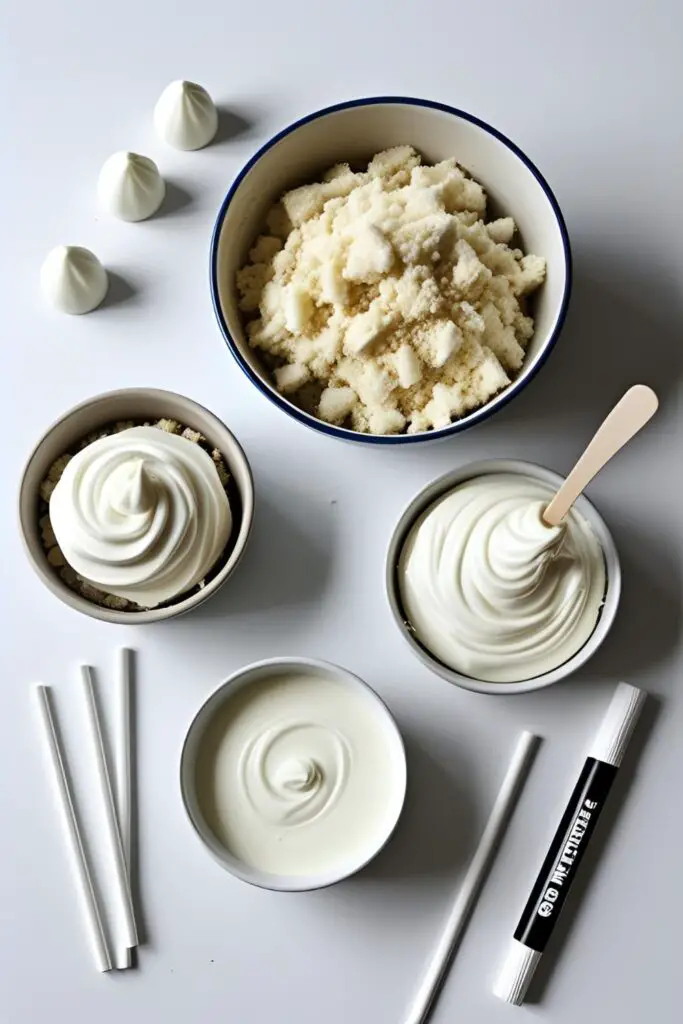 A colorful flat lay of ingredients for golf ball cake pops: baked cake, frosting, white candy melts, and a black edible marker on a light background.