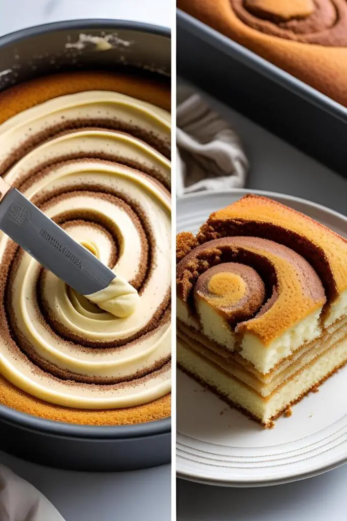 Two images showing how to make a honey bun cake: one of swirling the batter, and a close-up of a finished slice showing the gooey center.