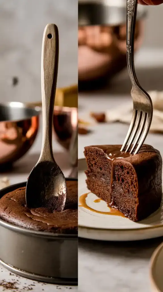 Two images showing how to make a poke cake: one of poking holes in the cake, and a close-up of a finished, gooey slice.