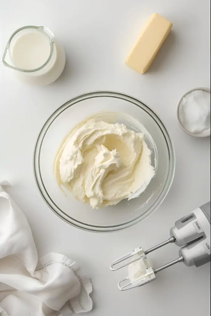 A flat lay "rescue kit" for grainy frosting: a bowl of grainy frosting, milk, butter, and an electric mixer.