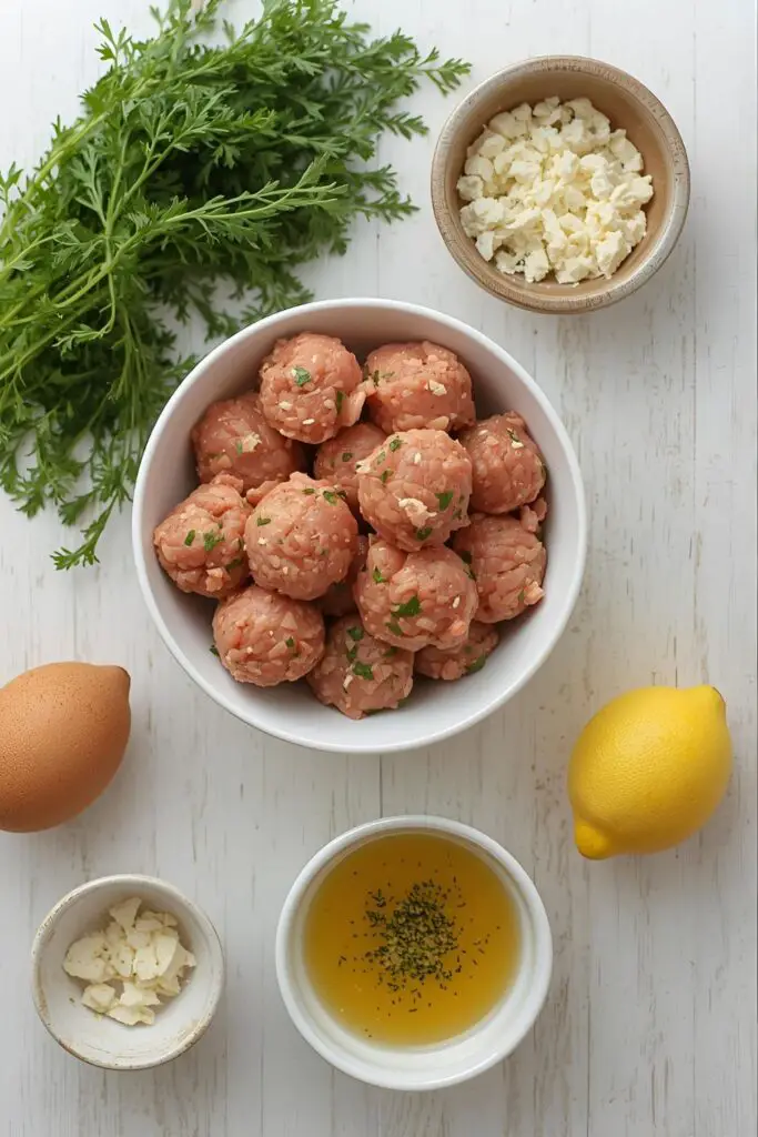 A flat lay of fresh ingredients for Greek chicken meatballs: ground chicken, dill, oregano, feta, garlic, egg, breadcrumbs, and lemon.