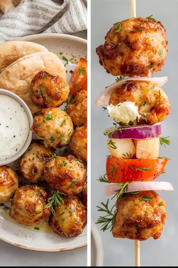 One image shows Greek chicken meatballs on a plate with tzatziki, and the other shows them on a skewer with vegetables.