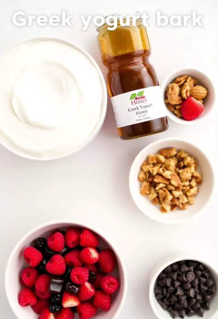 A clean flat lay collage of ingredients for Greek yogurt bark: a large tub of Greek yogurt, a jar of honey, and small bowls filled with colorful toppings like fresh berries, chopped nuts, and dark chocolate chips.