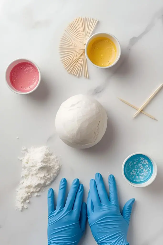 A flat lay of the tools needed to color gum paste, including white gum paste, pots of gel color, toothpicks, and disposable gloves.