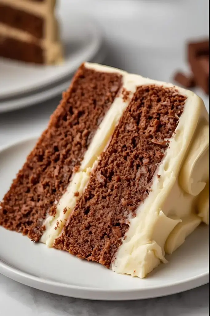 An overhead view of a half-frosted cake next to a close-up of a perfect slice showing the two flavors