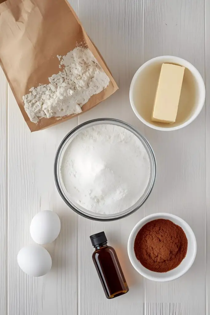 A flat lay of ingredients for a half and half cake, including flour, sugar, butter, eggs, vanilla, and cocoa powder.