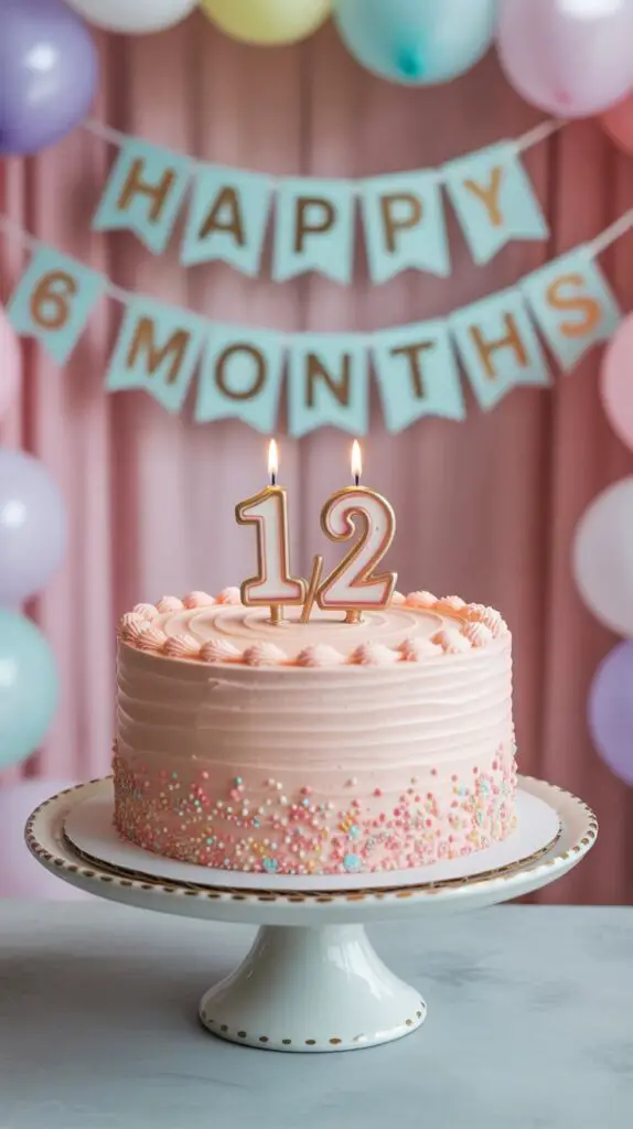 A complete half cake decorated for a six-month birthday with a "1/2" candle and colorful sprinkles.